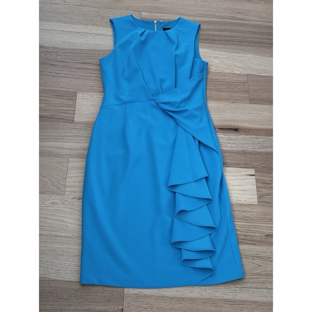 T Tahari Teal Blue Sheath Dress Ruffle Detail Business Casual Women's Size 8 - Picture 6 of 11